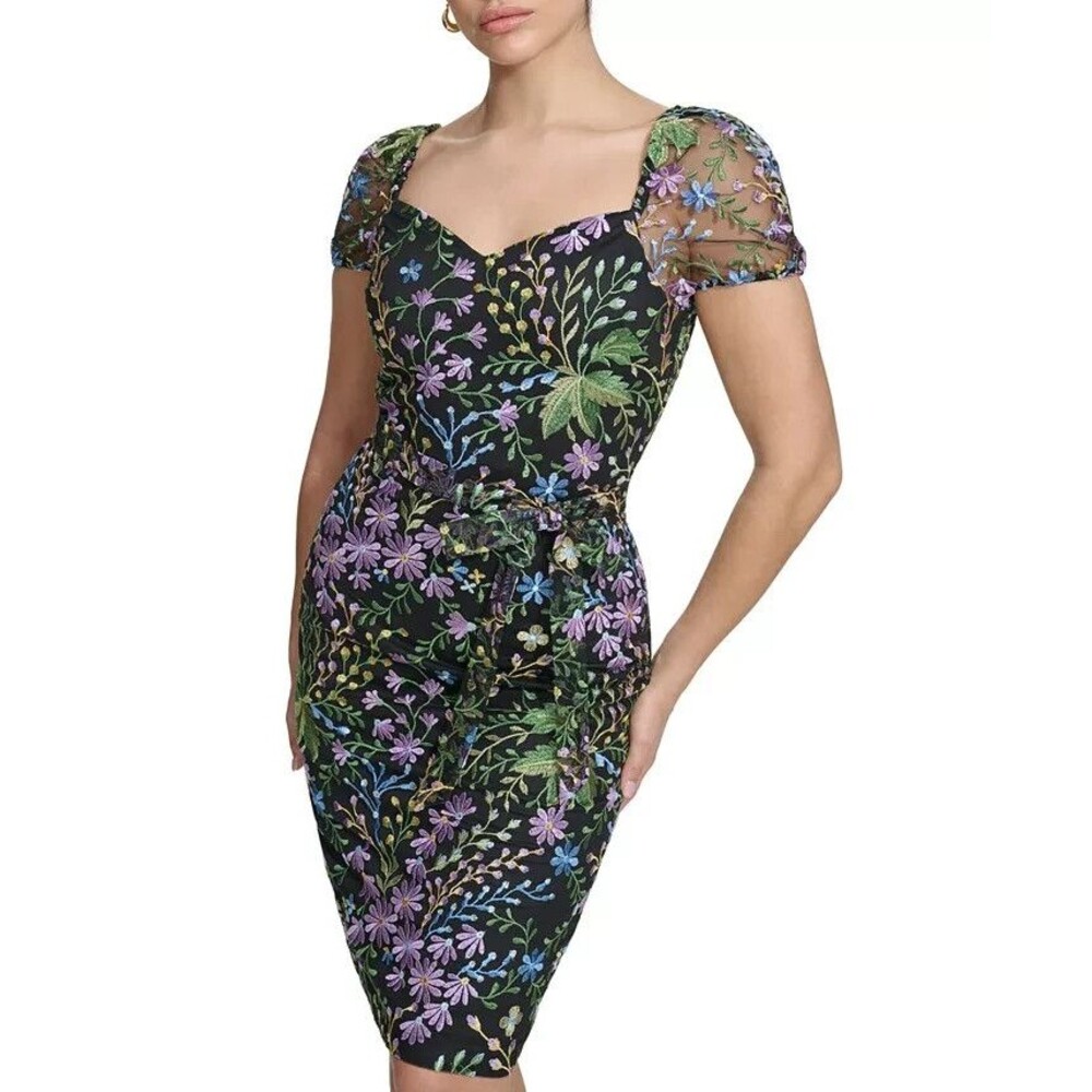 kensie kensi Women's Sweetheart neck Floral Embroidered Mesh Dress Black Multi 6